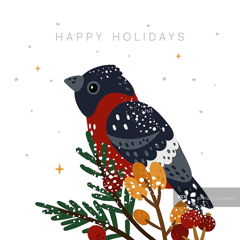 节日快乐贺卡，可爱红腹灰雀与冬日图片素材