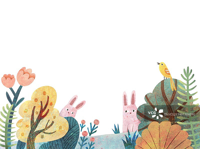 横版拼贴手绘风插画森林树木花鸟和两只兔子图片素材