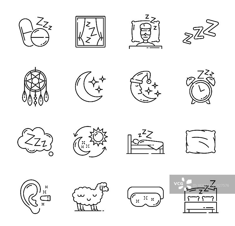 睡眠图标：夜晚、梦境、睡前、枕头和月亮图片素材