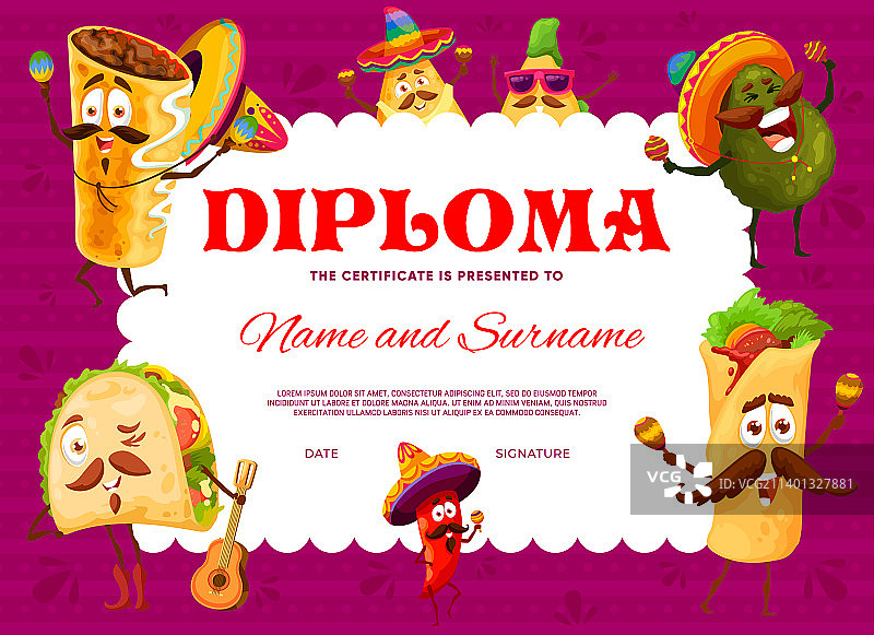 儿童文凭卡通墨西哥食物角色图片素材