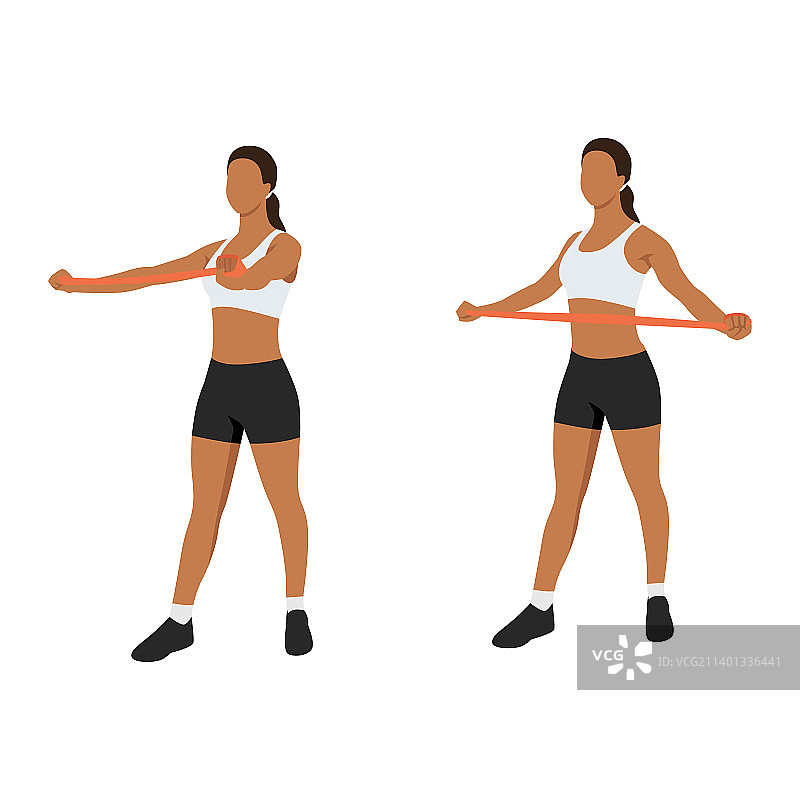 女人用长阻力带做反向飞鸟图片素材