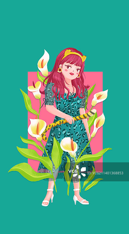 穿搭豹子女孩扁平风可爱插画图片素材