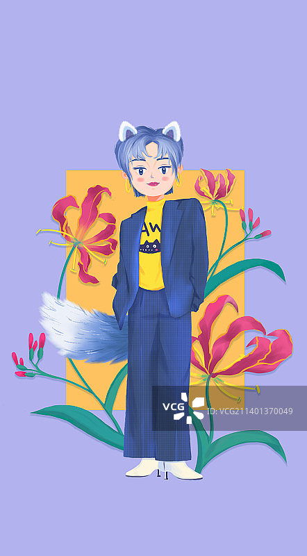 穿搭狼女孩扁平化可爱插画图片素材