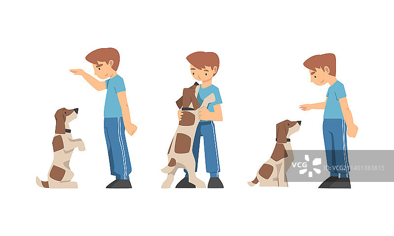 训练小狗并教它指令的男孩图片素材