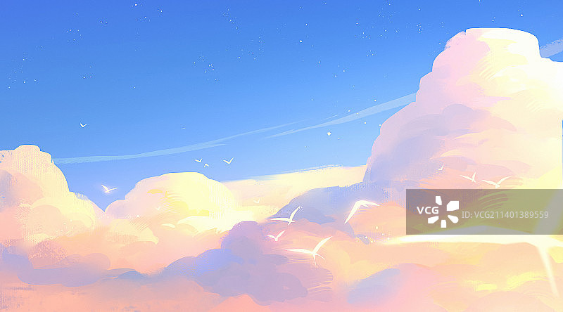 一群飞鸟穿过云朵梦幻插画图片素材
