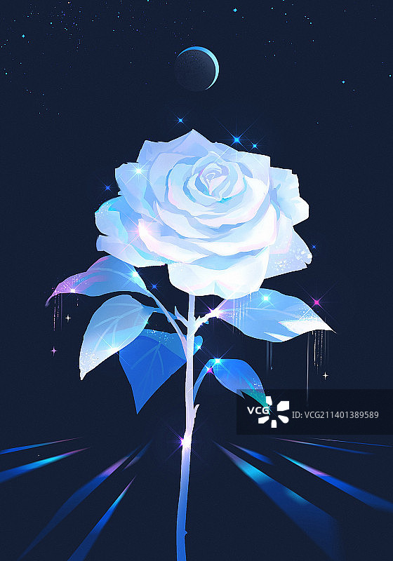 月光下的白玫瑰梦幻插画图片素材