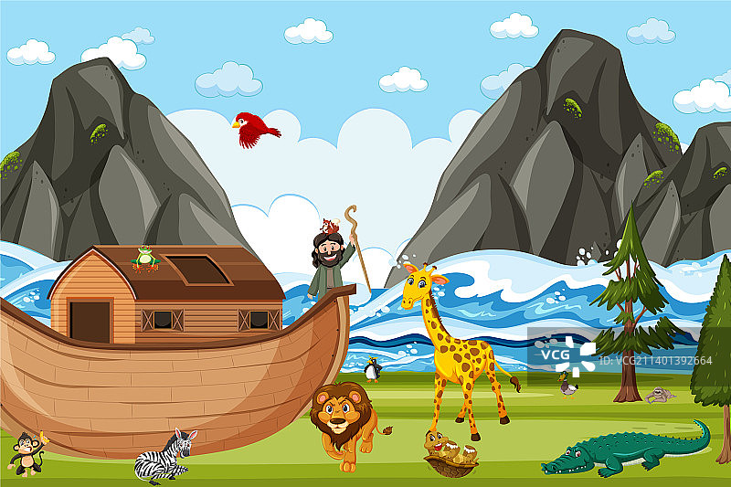 自然场景中的诺亚方舟与野生动物图片素材