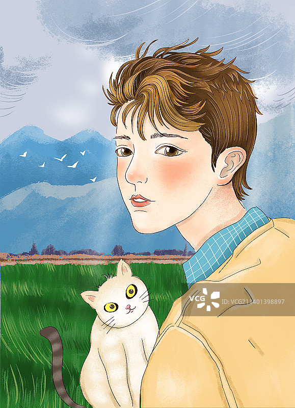 养猫的男孩图片素材