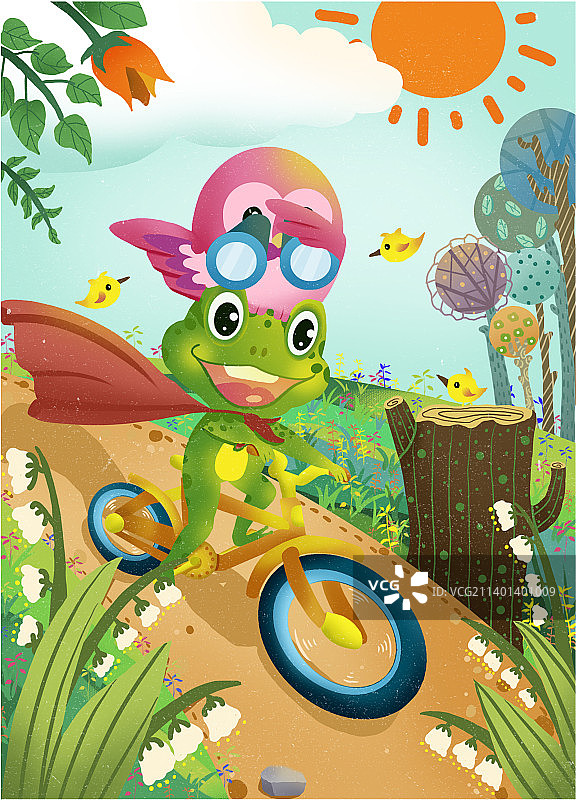 儿童插画旅游旅行户外青蛙猫头鹰阳光植物树木花朵绿叶路自由开心欢乐图片素材