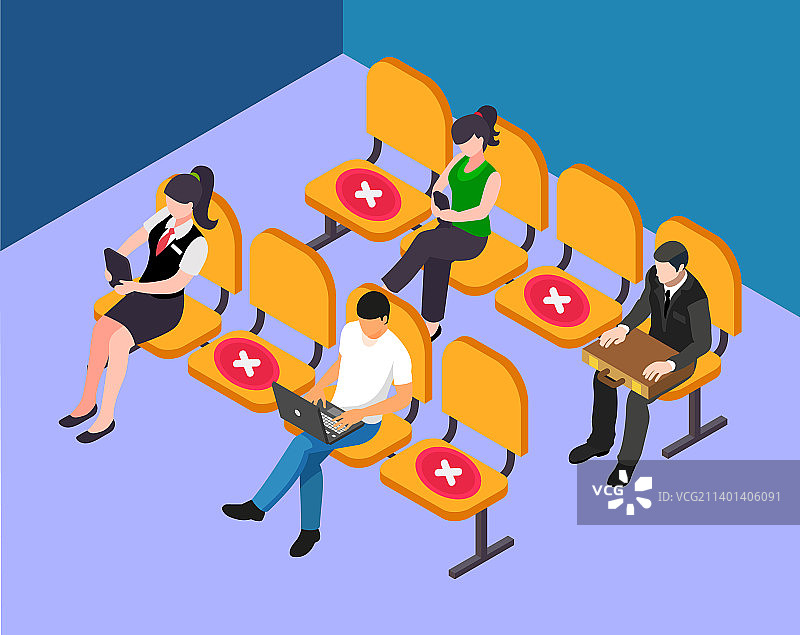 在等候区保持社交距离的人们图片素材