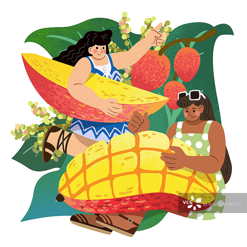 水果与人物 夏日少女与芒果手绘插图图片素材