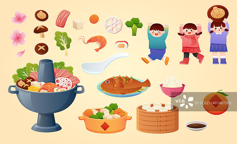 可爱童趣除夕团圆饭素材组合图片素材