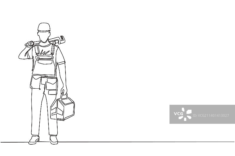 连续单线画：水管工拿着工具图片素材