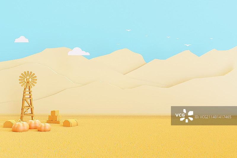 3D渲染秋季南瓜丰收场景剪纸风背景图图片素材