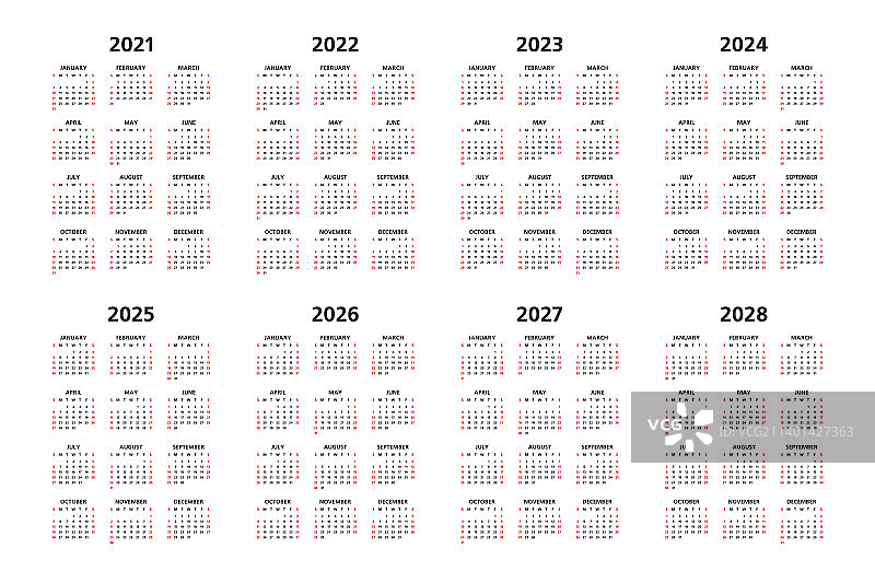 2021、2022和2028年日历图片素材