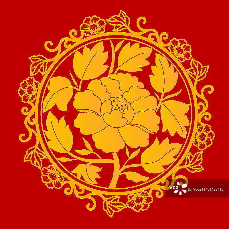 红底金色传统牡丹花纹样图片素材