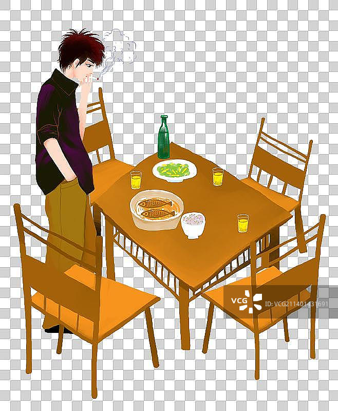 一个抽烟的男子站在餐桌旁边图片素材