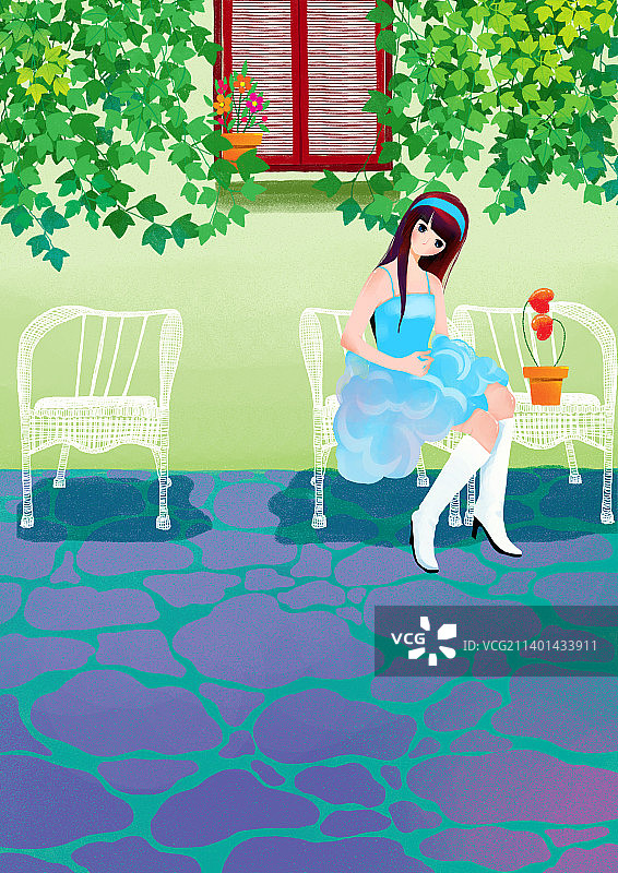 坐在白色椅子上穿着蓝色裙子的女人图片素材