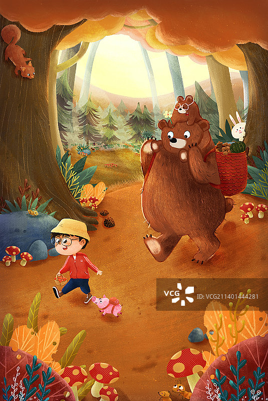 秋天森林里采蘑菇图片素材