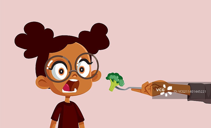 母亲喂女儿吃西兰花（卡通）图片素材