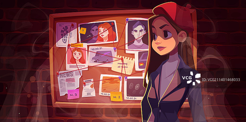 站在证据照片板前的侦探女孩图片素材