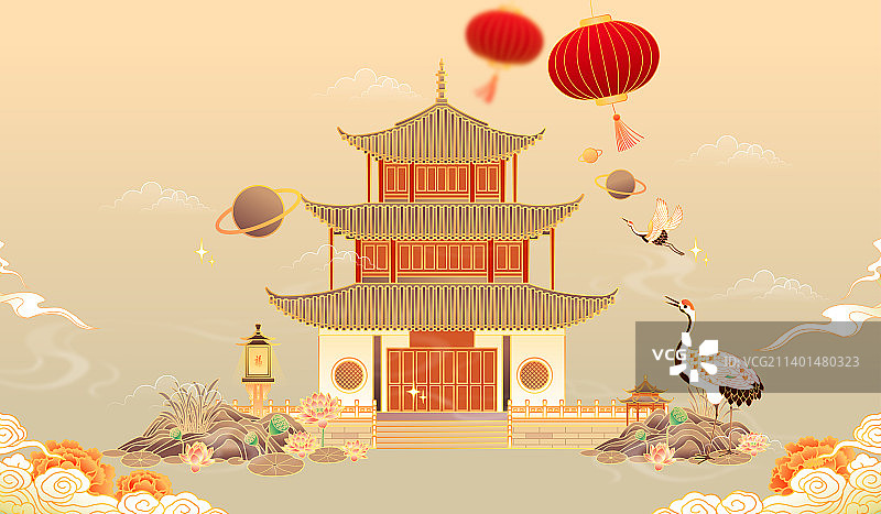 云南昆明大观公园建筑插画图片素材