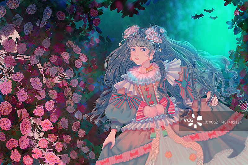 女孩蔷薇花骷髅图片素材