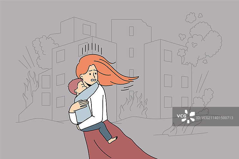 恐惧的女人带着孩子躲避炸弹图片素材