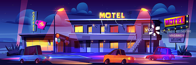 夜间公路旁有行驶车辆的汽车旅馆图片素材