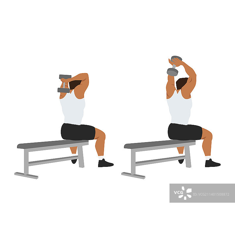 男人进行哑铃过头三头肌伸展训练图片素材