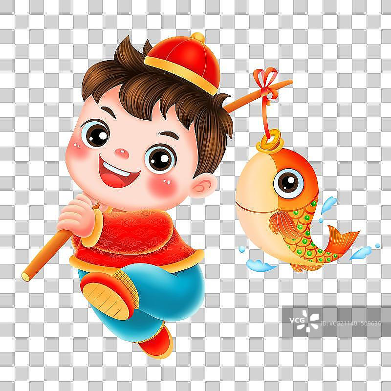 新年春节提锦鲤的福娃男孩图片素材