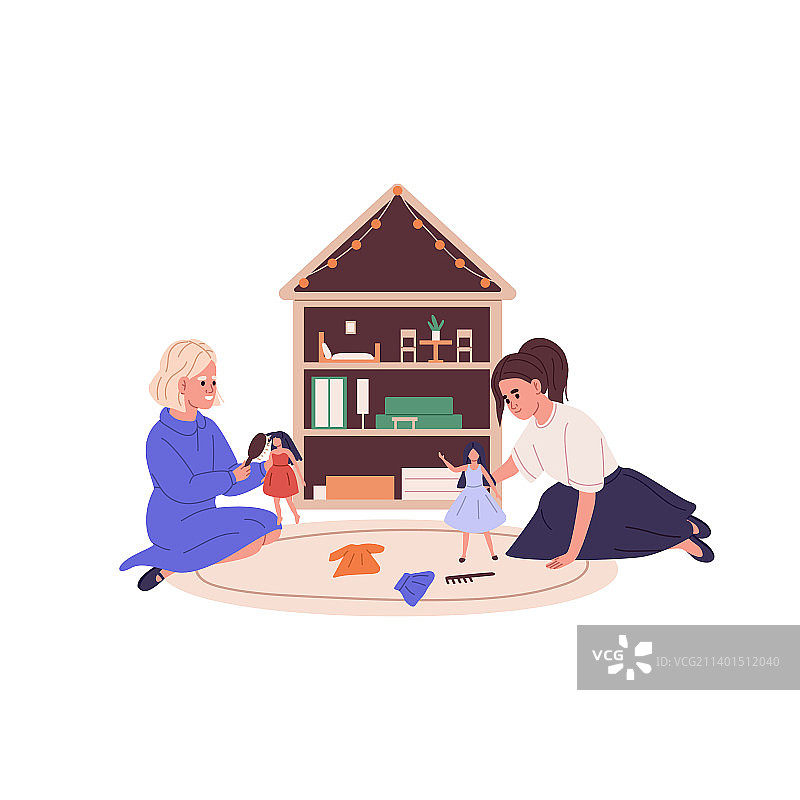 在毛毯上玩娃娃屋的女孩图片素材