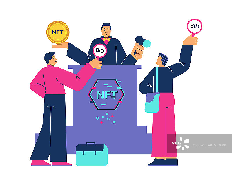 人们在拍卖会上购买NFT艺术品（扁平风格）图片素材