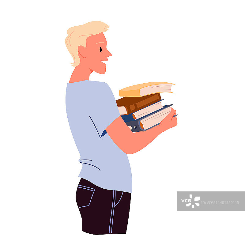 快乐的年轻人抱着一摞书图片素材