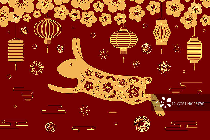 2023中国新年兔子设计，金色底纹红色背景图片素材