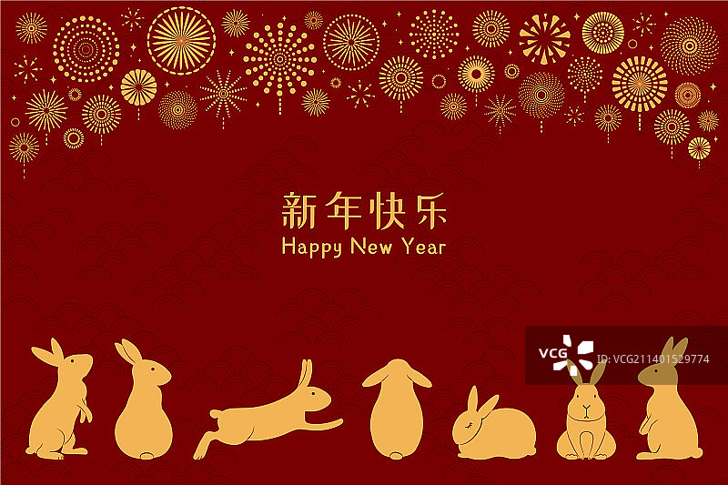 2023年中国新年兔子设计，金色，红色背景图片素材