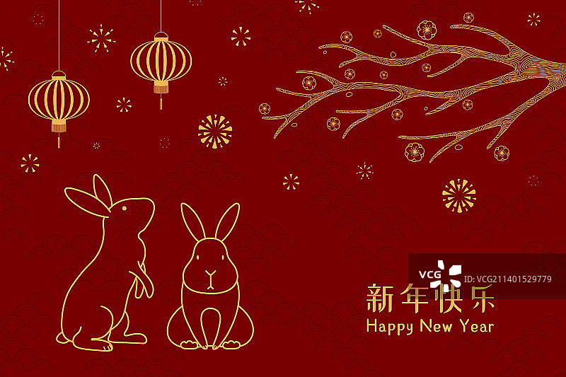 2023年中国新年兔子设计，金色，红色背景图片素材