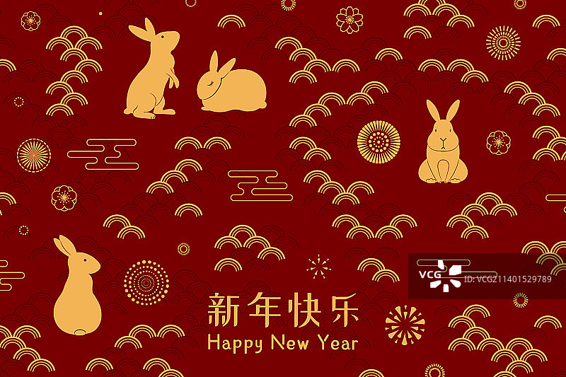 2023年中国新年兔子设计，金色，红色背景图片素材