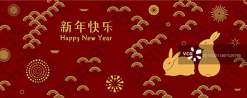 2023年中国新年兔子设计，金色，红色背景图片素材