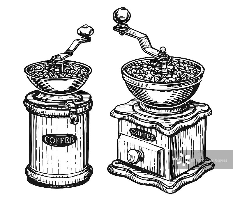 复古手摇咖啡研磨机素描图片素材