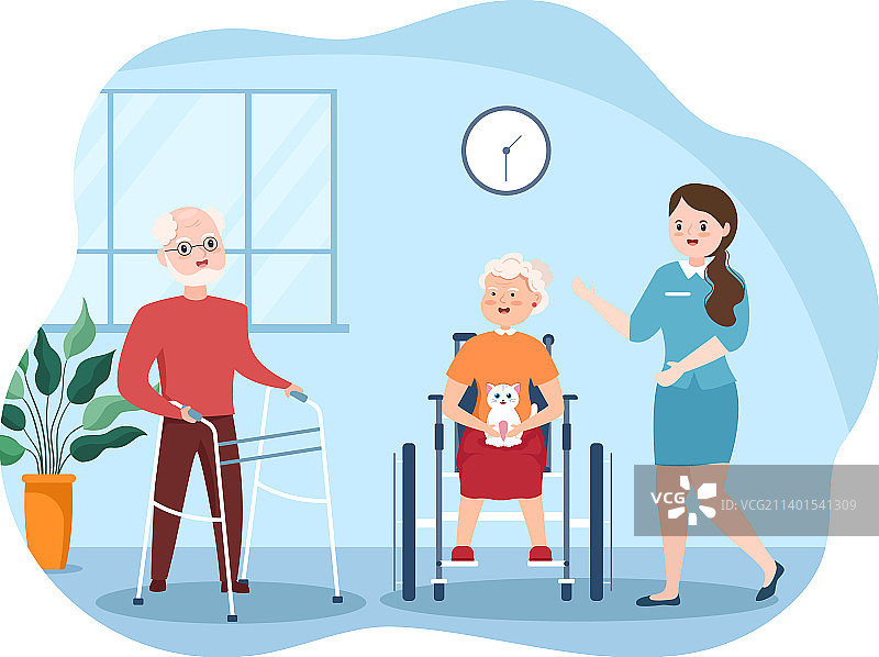 手绘卡通风格的老年护理服务图片素材