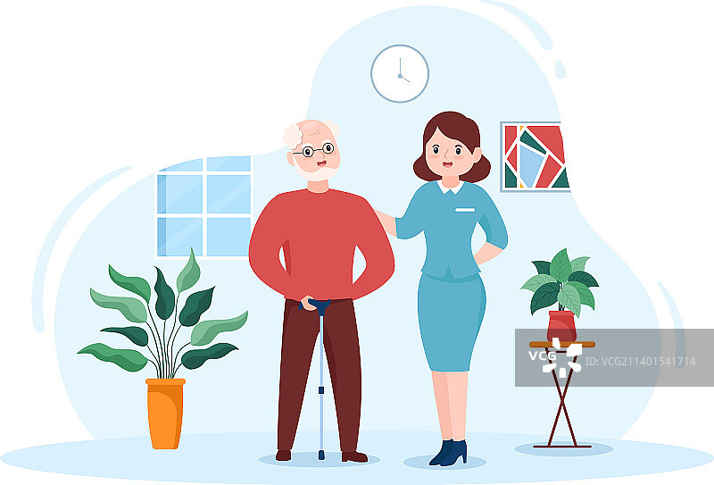 手绘卡通风格的老年护理服务图片素材