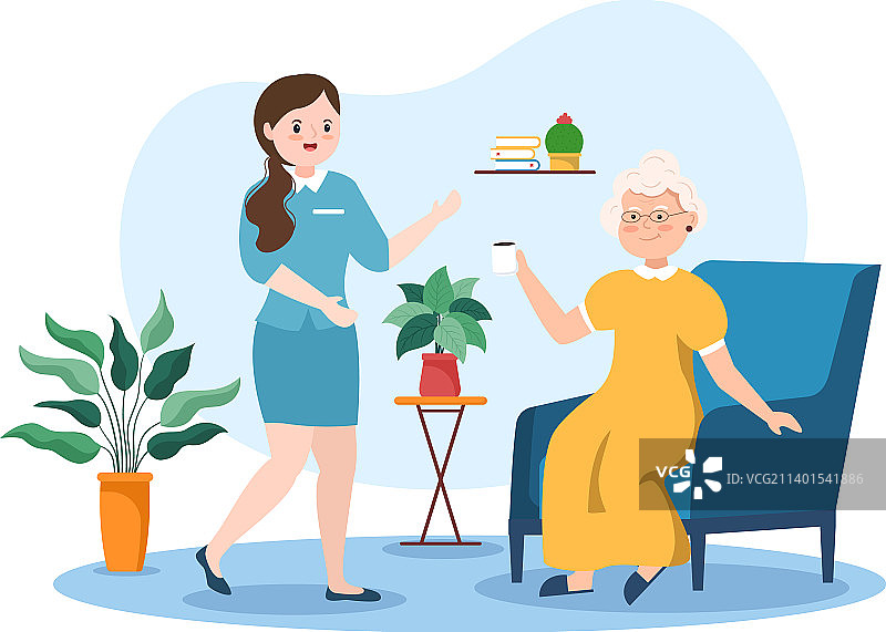 手绘卡通风格的老年护理服务图片素材