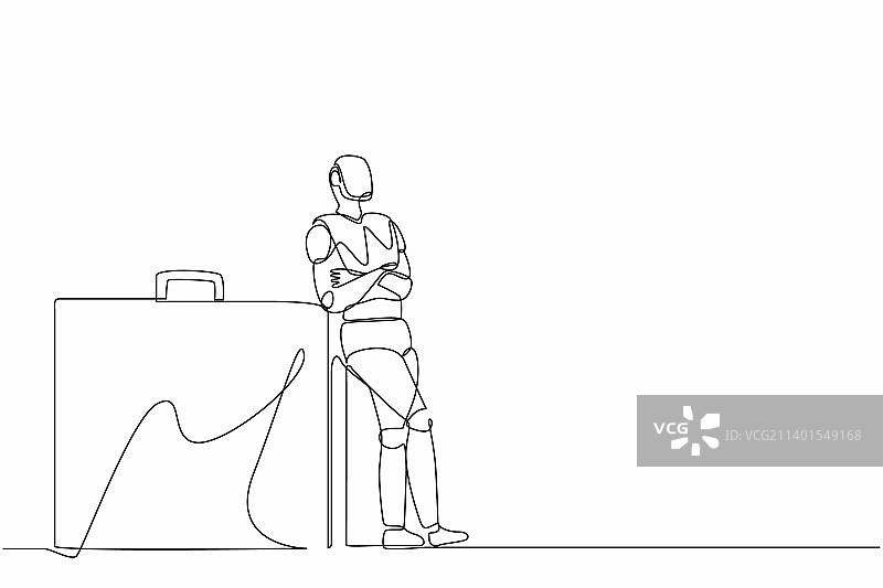 靠在巨大物体上的机器人的连续单线绘画图片素材