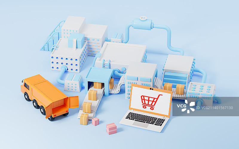 网购与货物运输和加工3D渲染图片素材