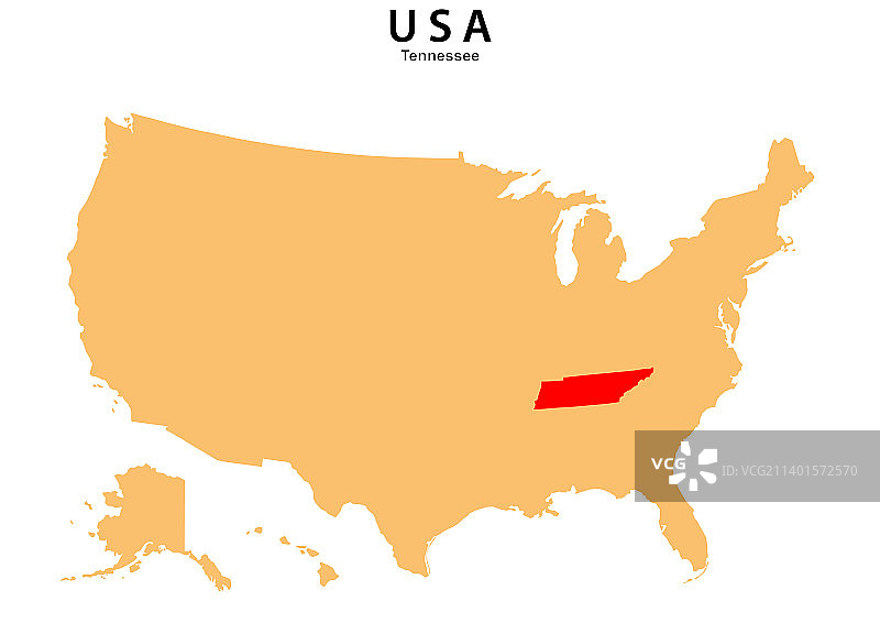 美国地图上突出显示的田纳西州地图图片素材