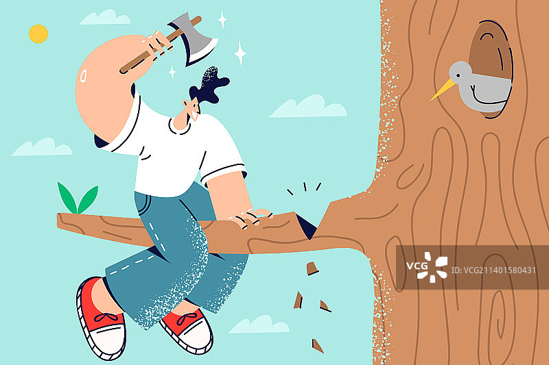 愚蠢的男人锯断他坐着的树枝图片素材
