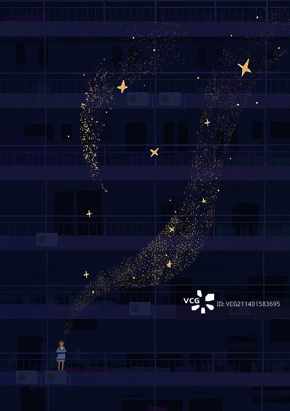 夜晚城市放星星治愈系手绘插画图片素材