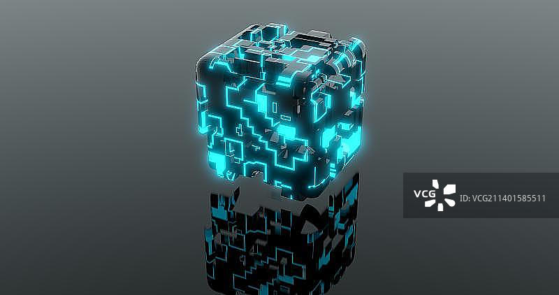 三维渲染建模：变形的蓝色发光立方体图片素材