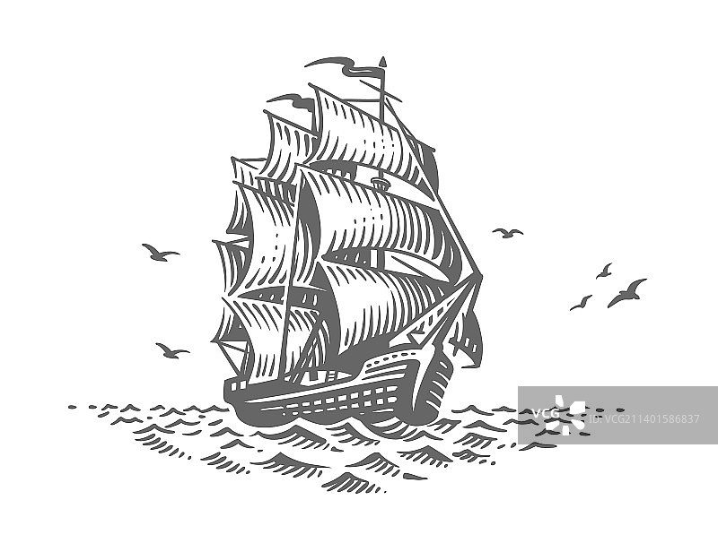 复古帆船素描图片素材